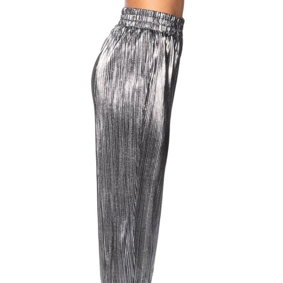 Elaine Pleats Please: Silver Metallic Palazzo Pant M - Picture 6 of 6